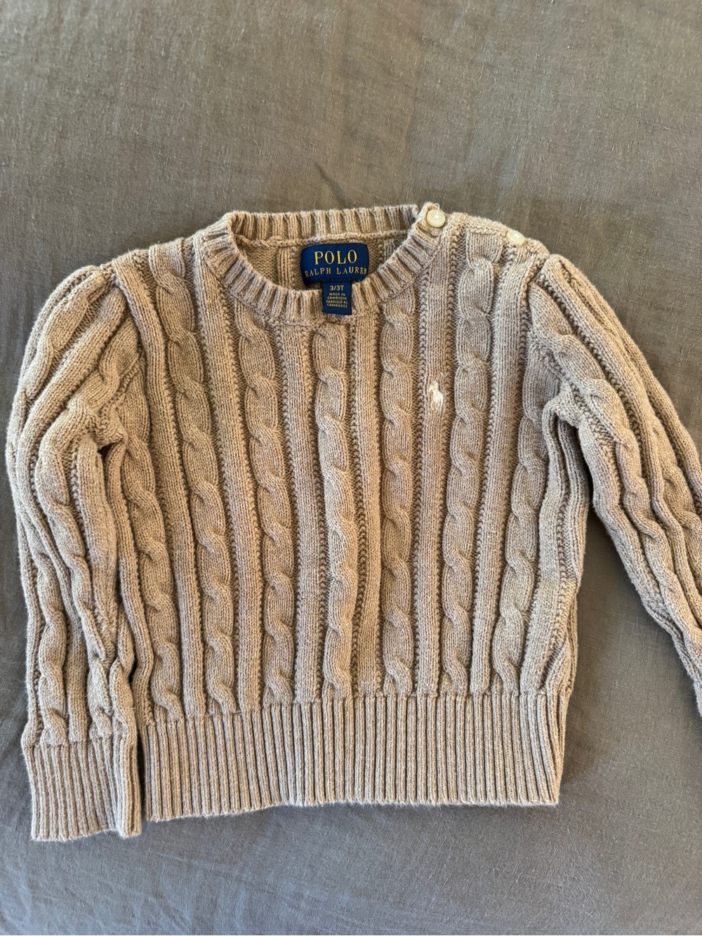 Polo by Ralph Lauren Beige Cable-Knit Crew Sweater with Shoulder Button